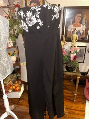 White House Black Market Black Strapless Jumpsuit with White Floral Bodice